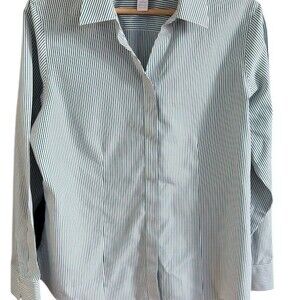 Chico's No-Iron Striped Button-Up Shirt Womens Size 1 Green White Metallic